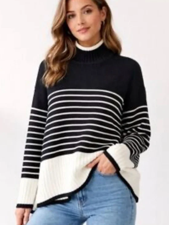 Blu Pepper Black & Cream Striped Turtleneck Sweater - Picture 1 of 4